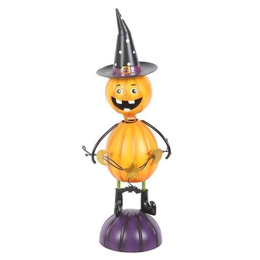 Orange Metal Pumpkin Man Ornament with Witch Hat | Sculpted Ornament | Wiccan Witchy Decor | Unique Gift Idea