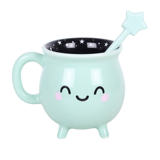 Mint Green Cauldron Mug with Wand Stirrer | Ceramic Coffee & Tea Mug | Wiccan Witchy Decor | Gift for Him