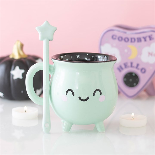 Mint Green Cauldron Mug with Wand Stirrer | Ceramic Coffee & Tea Mug | Wiccan Witchy Decor | Gift for Him