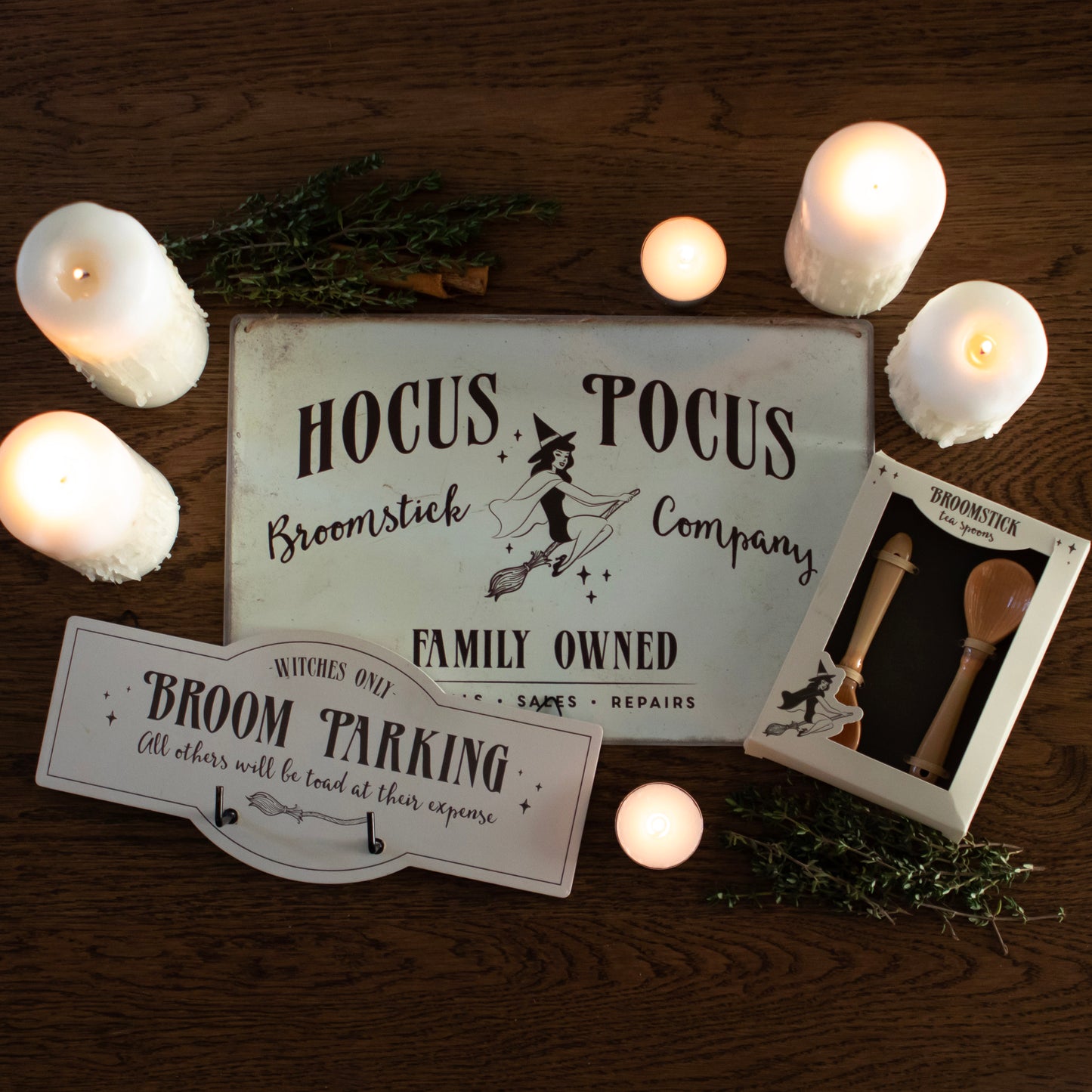 Hocus Pocus Broomstick Company Metal Hanging Sign