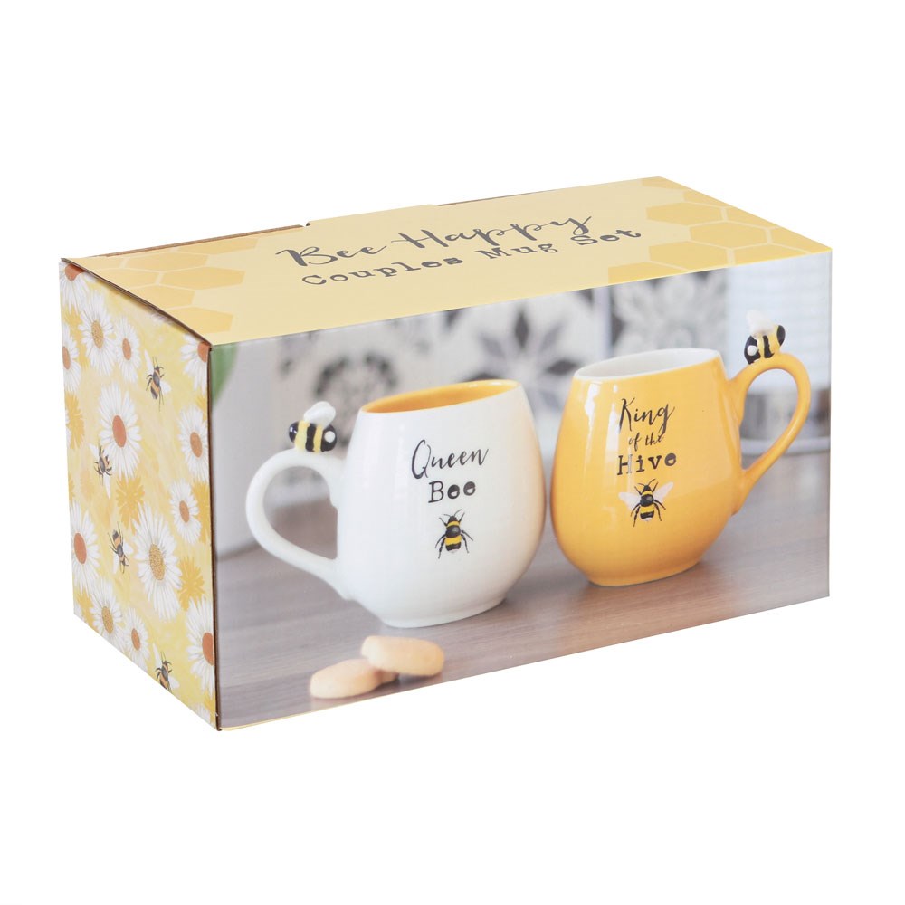 Bee Happy King and Queen Couples Mug Set