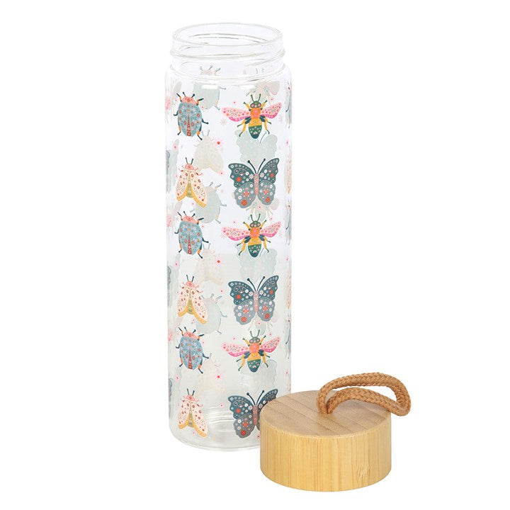 Floral Bug Print Glass Water Bottle