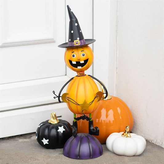 Orange Metal Pumpkin Man Ornament with Witch Hat | Sculpted Ornament | Wiccan Witchy Decor | Unique Gift Idea