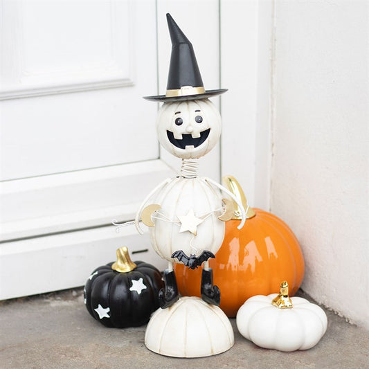 White Metal Pumpkin Man Ornament with Witch Hat | Sculpted Ornament | Wiccan Witchy Decor | Unique Gift Idea