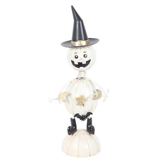 White Metal Pumpkin Man Ornament with Witch Hat | Sculpted Ornament | Wiccan Witchy Decor | Unique Gift Idea