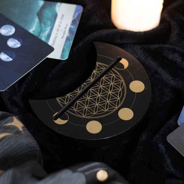 Black Flower of Life Crescent Moon Tarot Card Stand