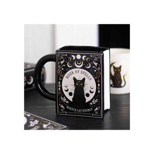 Black Cat Magick Book of Spells Book Shaped Mug | Ceramic Coffee & Tea Mug | Wiccan Witchy Decor | Unique Gift Idea