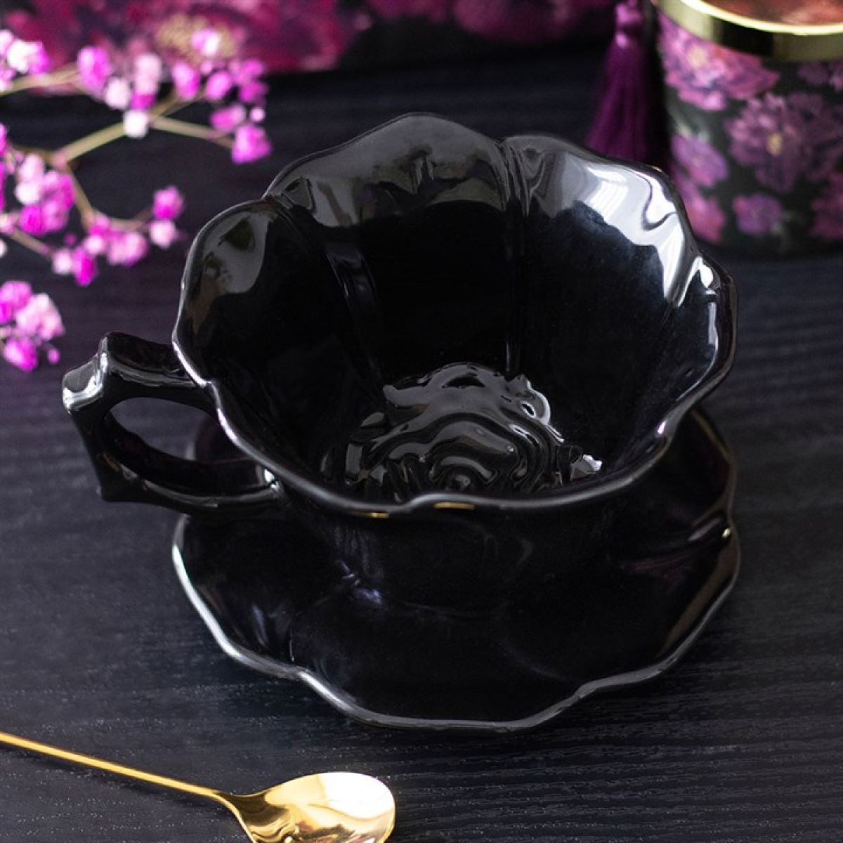 Black Rose Teacup and Saucer