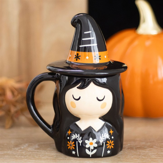 Frightful Folk Witch Lidded Mug | Ceramic Coffee & Tea Mug | Wiccan Witchy Decor | Housewarming Gift