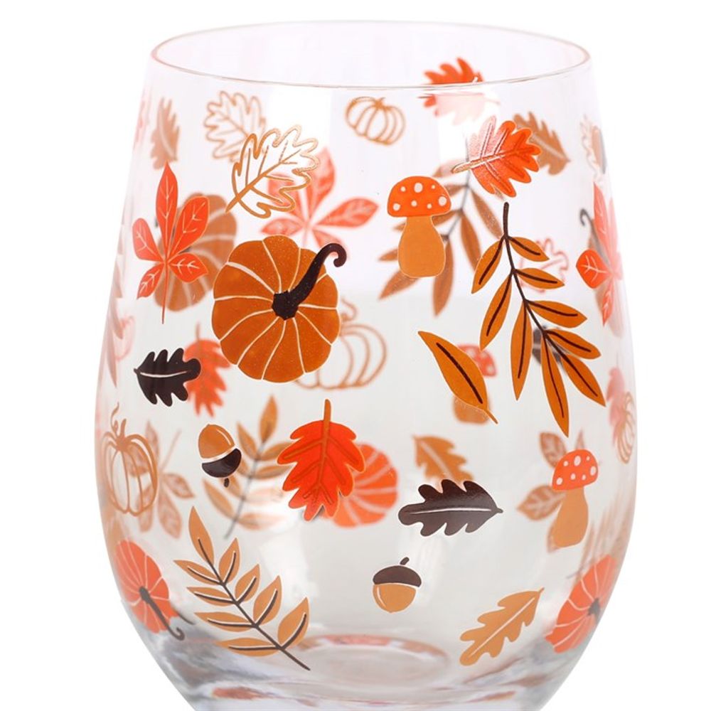 Autumn Leaves and Pumpkins Stemless Glass