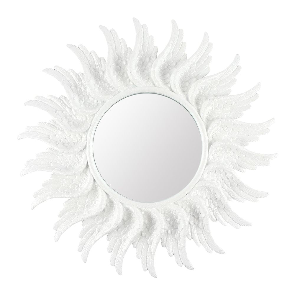 47cm Round White Glitter Angel Wing Mirror